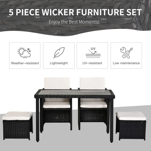 Outsunny 2 Seater Rattan Cube Garden Furniture Set, Rattan Dining Set with Cushions, Outdoor Dining Table and Chairs with 2 Armchairs, 2 Stools, Rectangular Glass Top Table for Patio, Balcony