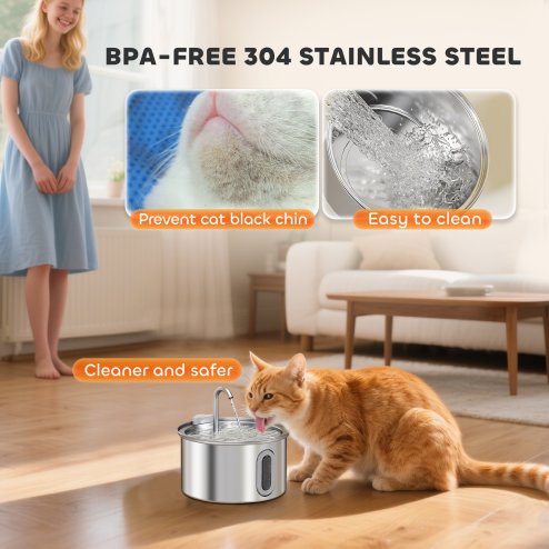 PawHut Cat Water Fountain for Drinking, 2.5L Cat Fountain Stainless Steel Automatic with Ultra-Silent Pump, Water-Level Window, Filters