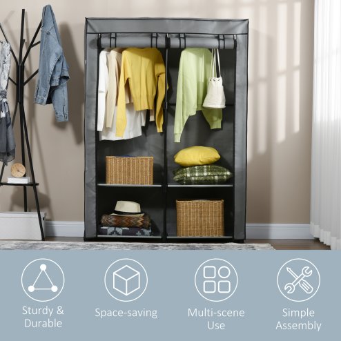 HOMCOM Fabric Wardrobe, Portable Fabric Cabinet, Foldable Coat Rack with 4 Shelves, 2 Hanging Rails, 118 x 49 x 170 cm, Light Grey