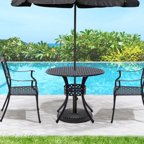Outsunny 85cm Round Garden Dining Table with 46.5mm Dia. Umbrella Hole, Cast Aluminium Outdoor Dining Table, Grid Motif Outdoor Table for Garden, Patio, Porch, Black
