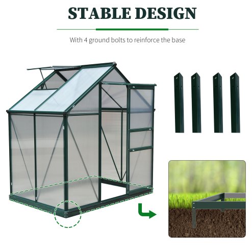 Outsunny 6 x 4ft Polycarbonate Greenhouse, Large Walk-In Green House with Slide Door and Window, Garden Plants Grow House with Aluminium Frame and Foundation, Dark Green