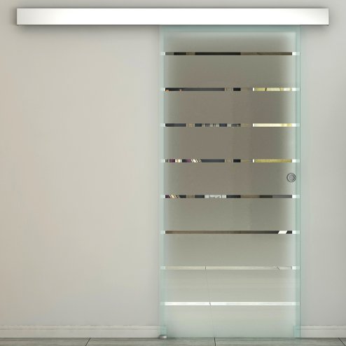 HOMCOM 90cm Sliding Glass Door with Hardware Track Kit, Frosted Tempered Glass with Stripe Pattern, Round Handle