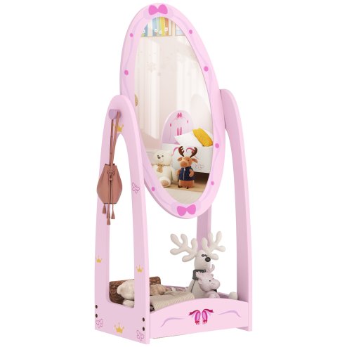 AIYAPLAY Kids Mirror Full Length with Storage Shelf, 360?? Rotating Standing Mirror for Bedroom, Kids Room, Nursery Room, Pink