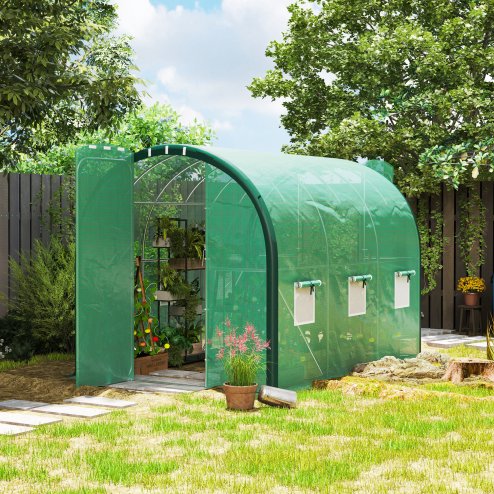 Outsunny 3 x 2(m) Walk-in Polytunnel Greenhouse with Upgraded Structure, 2 Hinged Doors, 6 Mesh Windows, Tunnel Warm House Tent with UV-resistant PE Cover, Green