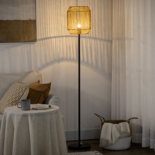 HOMCOM Farmhouse Wicker Floor Lamp, Standing Lamp with Hand Woven Rattan Lampshade, Lamps for Living Room, Bedroom, Bulb not Included, Natural