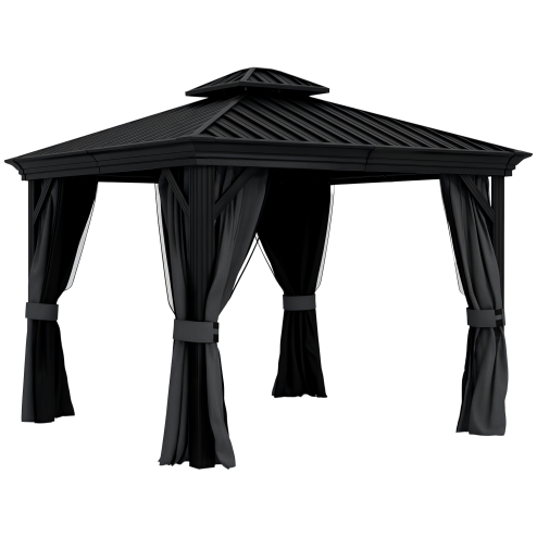 Outsunny 3 x 3.7m Outdoor Hardtop Gazebo Canopy Aluminium Frame with 2-Tier Roof & Mesh Netting Sidewalls for Patio, Dark Grey