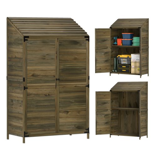 Outsunny Lean-to Small Shed, Tall Wooden Garden Shed with Slatted Bottom, Magnetic Doors, Double Shelves, Outdoor Tool Log Store, 103.5 x 59 x 174.5 cm, Olive Brown