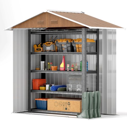 Outsunny 6.5 x 3.5ft Metal Garden Shed, Outdoor Storage Shed for Tool Organization with Double Sliding Doors and 4 Vents for Garden, Patio, Brown Wood Effect