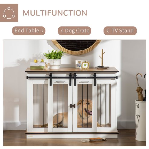 PawHut Dog Crate Furniture for Large Dog, Double Dog Cage for Small Dogs with Divider, Sliding Doors - White