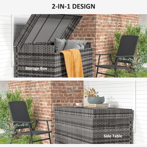 Outsunny 627 L Rattan Garden Storage Box, Outdoor Garden Cushion Storage Box with Gas Lift Lid and Wheels, Outdoor Rattan Chest Container for Cushions, Pillows and Tools, Dark Grey