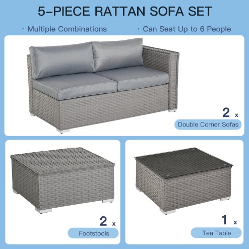 Outsunny 5 Pieces Rattan Garden Furniture Set, Wide & Deep Garden Sofa with Thickened Cushions, Outdoor Furniture Conservatory Set with Loveseats, Footstools and Glass Top Table for Patio, Grey