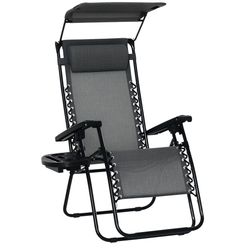 Outsunny Foldable Reclining Garden Chair with Headrest, Zero Gravity Deck Sun Lounger Seat Chair with Footrest, Armrest, Cup Holder & Canopy Shade, Light Grey