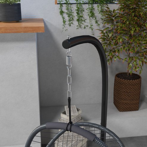 Outsunny Outdoor PE Rattan Swing Chair with Cushion, Foldable Basket Patio Hanging Chair with Metal Stand, 360 degree Rotation Spring Hook, Basket Height Adjust with Metal Chain, Grey