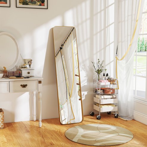 HOMCOM Full Length Mirror, 40 x 160 cm, Rectangular Full Body Mirror with Curved Corners for Bedroom, Living Room, Cloakroom, Floor Standing or Leaning Against Wall, Gold Tone