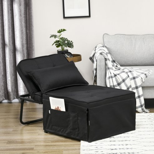 HOMCOM Folding Chair Bed, 4-in-1 Convertible Sleeper Chair with Adjustable Backrest, Pillow, Side Pockets, Armchair for Bedroom, Living Room