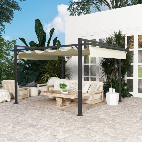 Outsunny 3 x 4m Pergola with Retractable Roof Canopy, Aluminium Frame Garden Gazebo Outdoor Sun Shade Shelter for Grill, Patio, Deck, Khaki