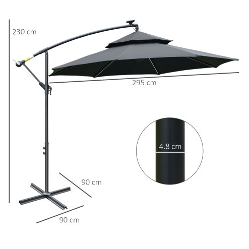 Outsunny 3(m) Cantilever Banana Parasol Hanging Umbrella with Double Roof, LED Solar lights, Crank, 8 Sturdy Ribs and Cross Base for Outdoor, Garden, Patio, Black