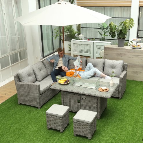 Outsunny Rattan Garden Furniture with Fire Pit and Waterproof Cover, 8 Seater Garden Corner Sofa Set with 11.8 KW Fire Pit Table, Ottomans and Olefin Cushions, Outdoor Conservatory Furniture, Grey