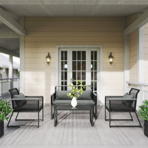 Outsunny 4 Pieces Rattan Garden Furniture Set, Metal Frame Outdoor Furniture Sofa Set with Cushions, Pillows & Tempered Glass Top Table, Wicker Garden Sofa for Conservatory, Patio, Charcoal Grey
