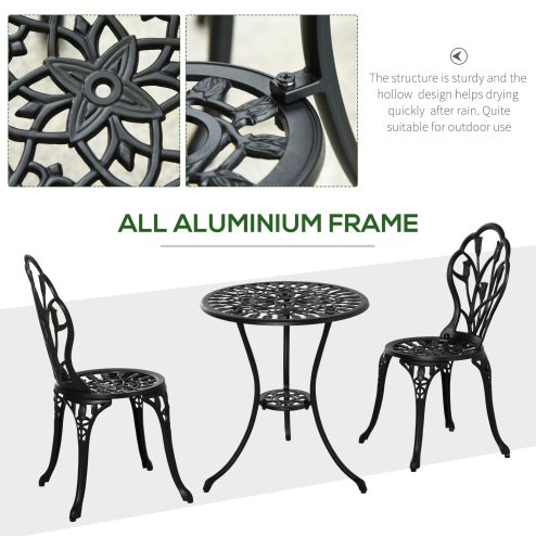 Outsunny 3 Piece Patio Bistro Set, Outdoor Aluminium Garden Table and Chairs with Umbrella Hole for Balcony, Black