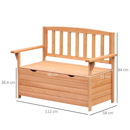 Outsunny Outdoor 2 Seater Garden Bench, Wooden Bench with Storage, Garden Storage Bench with Backrest, Arm Rests for Outdoor Patio Porch, 112 x 84 x 58 cm, Natural