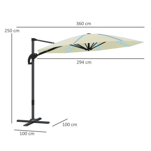 Outsunny 3(m) Cantilever Garden Parasol with Solar Powered Lights, Fibreglass Ribs, Crank Handle & Cross Base, UPF 50+, 360 Rotation, Overhanging Patio Umbrella for Patio Market, Cream