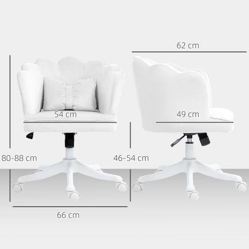 HOMCOM Computer Desk Chair, Armless Makeup Vanity Chair with Shell Back, Bow Pillow, Height Adjustable, Swivel Wheels for Home, Bedroom, White