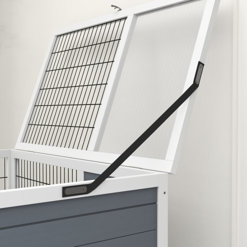 PawHut Rabbit Hutch Guinea Pig Hutch Indoor Wooden Small Animal House with Wheels, Openable Top, No-Leak Plastic Trays - Grey