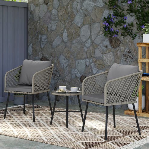 Outsunny 3 Piece Rattan Bistro Set, Patio Wicker Conversation Furniture Set with 2 Chairs, Tempered Glass Table, Cushions, Adjustable Foot Pads, for Garden, Balcony, Grey