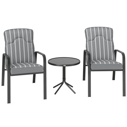 Outsunny 3-Piece Patio Bistro Set, 5-Position Adjustable Recliner Garden Chairs and Tempered Glass Table, Garden Furniture Set with Cushions, High Back, Armrests, Metal Frame for Balcony Patio, Grey