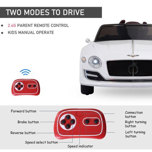 HOMCOM Bentley GT Licensed 12V Electric Car for Kids, Kid's Electric Ride on with Remote Control, Ride on Car with LED Lights, Music, for 3-5 Years, White