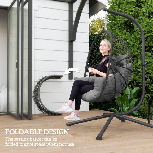 Outsunny Outdoor Swing Chair with Thick Padded Cushion, Patio Hanging Chair with Metal Stand, Foldable Basket Egg Chair with Cup Holder, Rope Structure, for Indoor and Outdoor, Grey