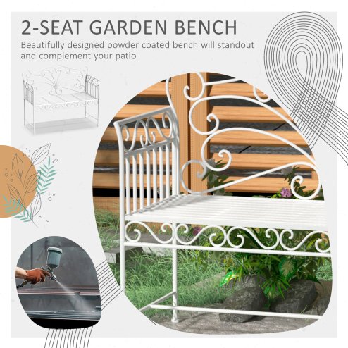 Outsunny Garden 2 Seater Metal Bench Park Seating Outdoor Furniture Chair w/ Decorative Backrest White