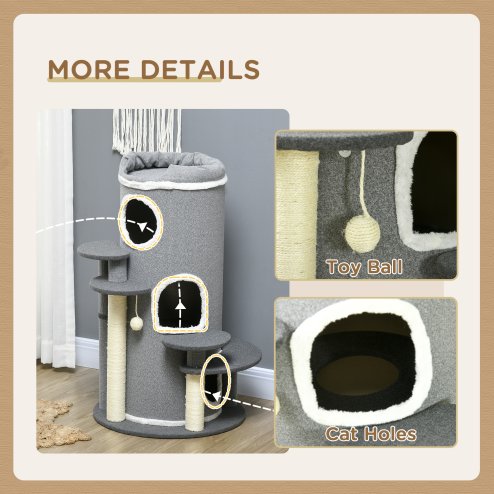 PawHut Cat Tree for Indoor Cats, 3 Tier Cat Tower Barrel Shaped with Sisal Scratching Posts, Cat Bed, Platforms, Hanging Ball, Grey