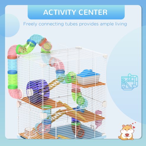 Pawhut 5 Tier Hamster Cage, Gerbil Cage with Tube Exercise Wheels, Tunnel, Water Bottle, Dishes, 58H x 46L x 30Wcm, Light Blue