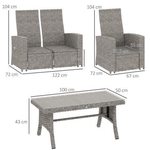 Outsunny 4 Piece Rattan Garden Furniture Set with Adjustable Backrest, Wicker Outdoor Furniture Sofa Set with Loveseat, Reclining Armchairs, Thickened Cushions and Glass Top Table, Navy Blue