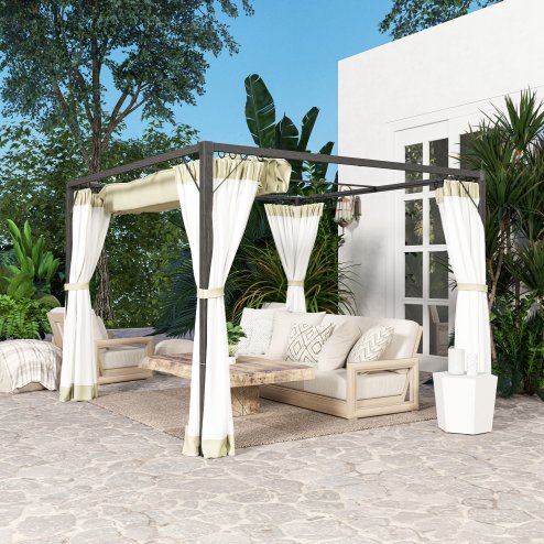 Outsunny 3 x 3 m Pergola with Retractable Roof Canopy and Netting Sidewalls, Aluminium Frame Garden Gazebo Outdoor Sun Shade Shelter for Grill, Patio, Deck, Khaki