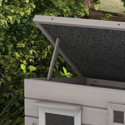 PawHut Outdoor Wooden Cat House, Elevated Cat Shelter Kennel, Pet Play House with Openable Top, Asphalt Roof, Window, 87 x 52 x 44 cm, Grey