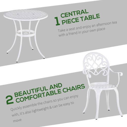Outsunny 3 Piece Patio Bistro Set for 2, Outdoor Aluminium Garden Table and Chairs with Adjustable Footpads for Balcony, Garden and Patio, White