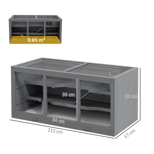 PawHut Wooden Hamster Cage, Small Animals Hutch with Tray, Openable Top, Exercise Run, Grey