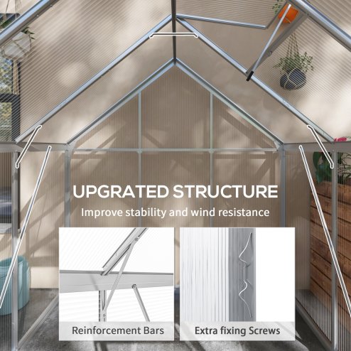 Outsunny 6 x 6ft Polycarbonate Greenhouse, Walk-In Greenhouse with Sliding Door, Adjustable Window, Aluminium Frame and Foundation, Garden Grow House with Rain Gutter, Silver