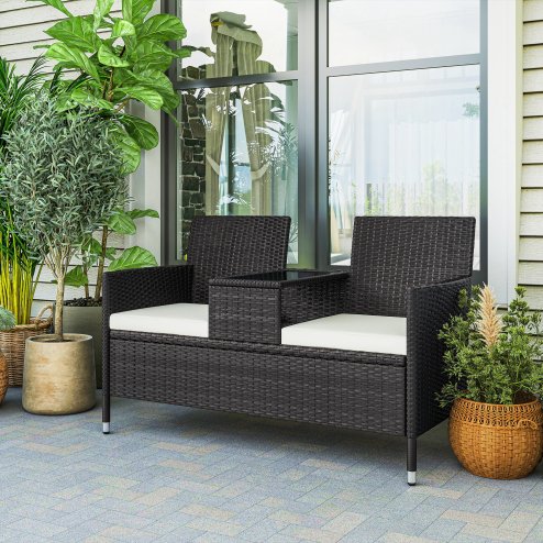 Outsunny 2 Seater Rattan Sofa with Cushions, Wicker Garden Loveseat with Armrests, Outdoor Garden Sofa Couch with Metal Frame for Patio, Black Image