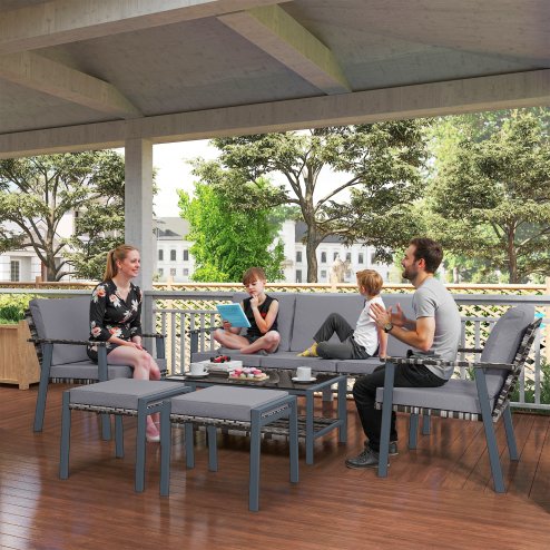 Outsunny 6 Piece Rattan Garden Furniture Set with 3-Seater Sofa, 2 Chairs and 2 Footstools, 7 Seater Outdoor Sofa Set with Glass Top Coffee Table and Cushions for Balcony, Grey