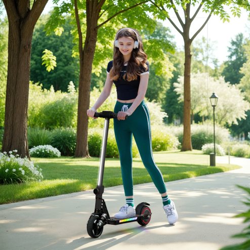 SPORTNOW Electric Scooter for Kids, Folding E Scooter for Age 6-14 with Dual Brakes, Up to 14 KM/H, Maximum Range 6 KM, 6.8kg Lightweight, Front Suspension, LED Colourful Lights, Black Image