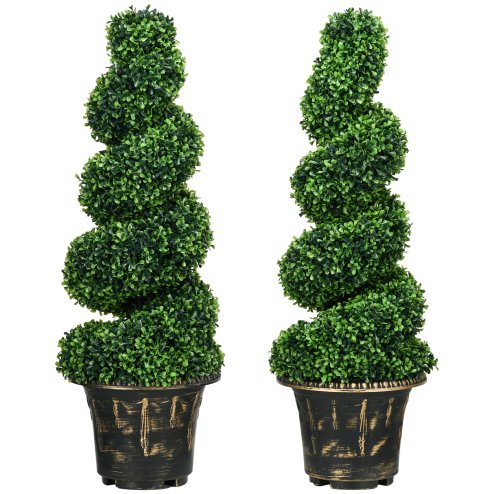 HOMCOM Set of 2 Decorative Artificial Plants Topiary Spiral Boxwood Trees in Pot, Fake Plants for Home Indoor Outdoor Decor, 90cm