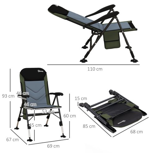 Outsunny Portable Fishing Chair, Lightweight Camping Chair with Reclining Backrest, Adjustable Legs and Mud Feet, 180kg Heavy Duty Folding Chair, Dark Green