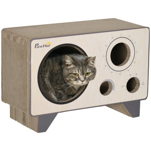 PawHut Cat Scratcher Cat Scratching Board Radio Shape with Catnip, Natural Wood Finish