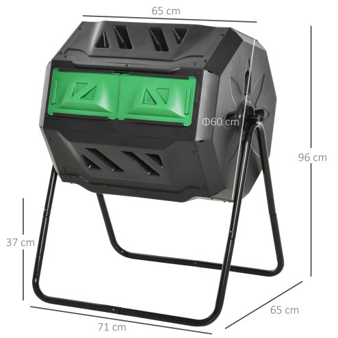 Outsunny 160L Tumbling Compost Bin Outdoor Dual Chamber 360 Rotating Composter, Garden Compost Bin w/ Sliding Doors & Solid Steel Frame, Black