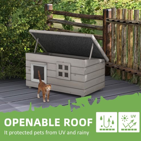 PawHut Outdoor Wooden Cat House, Elevated Cat Shelter Kennel, Pet Play House with Openable Top, Asphalt Roof, Window, 87 x 52 x 44 cm, Grey