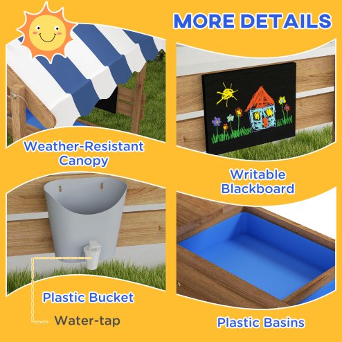 Outsunny Sand Pit Wooden Sandpit Kids Sandbox House for Outdoors, Gardens with Canopy, Liner, Blackboard, Sink, Seats, Flags, for Ages 3-7 Years - Brown